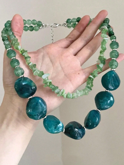 Shein 1pc New Double Layer Asymmetrical Geometric Beaded Bohemian Metal Multi-Color Women's Necklace >