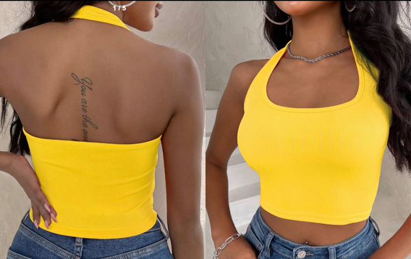 Shein INAWLY Solid Ribbed Knit Crop Halter Top, XL +