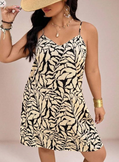 Shein Plus Size Vacation Casual Plant Floral Print Sleeveless Dress, XXL +