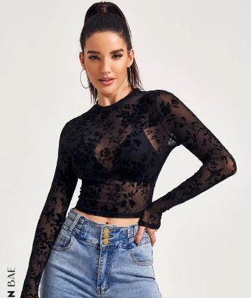 Shein BAE Mock-Neck Flocked Mesh Top Without Bra /