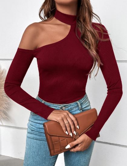 Shein BAE Asymmetrical Neck Ribbed Knit Tee, L /