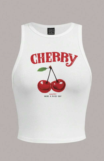 Shein Casual Cherry Pattern White Slim Fit Women's Tank Top +
