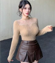 Shein Women's Brushed Lace Patchwork Sexy Fitted Long Sleeve T-Shirt -.