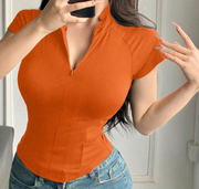 Shein Casual Solid Color Stand Collar Zip-Up Fitted Short Sleeve T-Shirt >