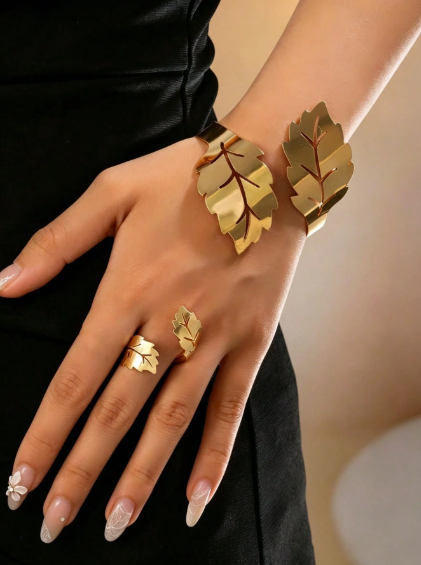 Shein Women's Hollowed-Out Leaf Adjustable Bracelet and Ring Set