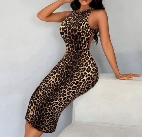 Shein Animal Leopard Print Backless Ladies Sexy Dress, S +
