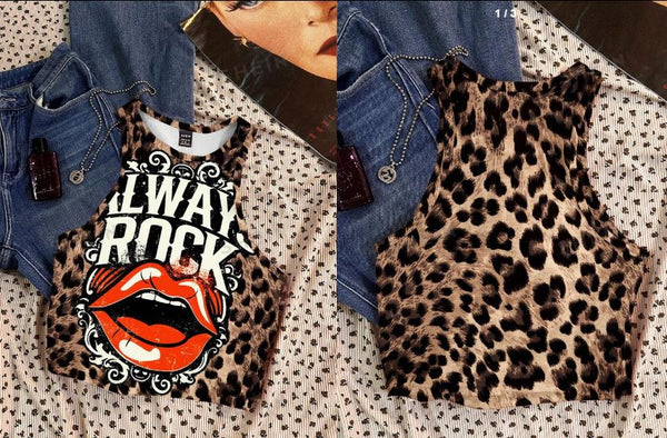 Shein Attitoon Always Rock Vintage Leopard Print Graphic Tank Top, L /