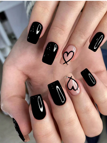 Shein Short Square Black Heart Nail Stickers, Acrylic Material With Rhinestone Design -.