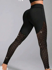 Shein Women's High Waist Shiny Sequin Mesh Panel Compression Yoga Pants -.