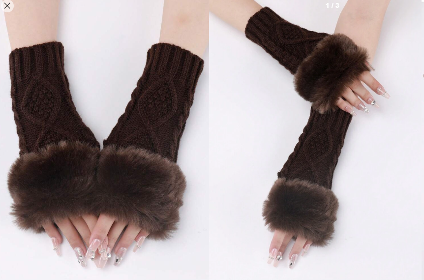 Shein 1pair Women's Coffee Colored Short Knitted Gloves With Exposed Fingertips -.