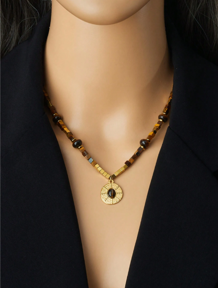 Shein 1pc Vintage Brown Geometric Beaded Square Decor Chain, Round Pendant Necklace>
