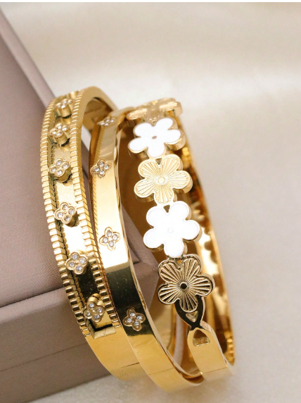 Shein 3pcs/Set Fashionable Clover Stainless Steel Bangle Bracelets>