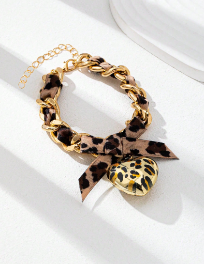Shein Statement Bow Ribbon Leopard Heart Pendant Bracelet>