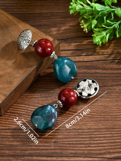 Shein Wavy Faux Jade Resin Asymmetrical Pendant & Ball Bead Earrings >