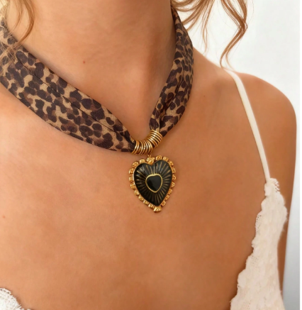 Shein Pendant Necklace With Leopard Print Scarf Chain, Paired With Various Stainless Steel Pendants>