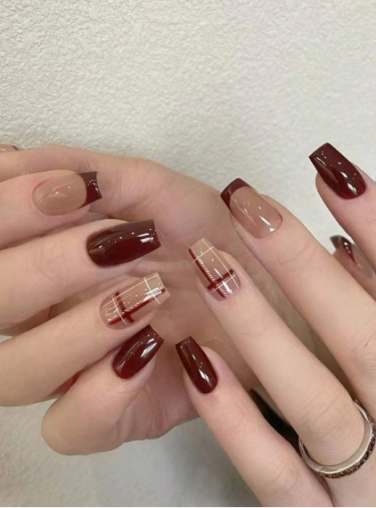 Shein 30pcs/Box Burgundy Red French Manicure Press-On Nails -.