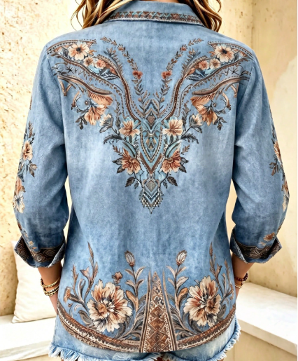 Shein Women's Bohemian Floral Embroidered Shirt, XL