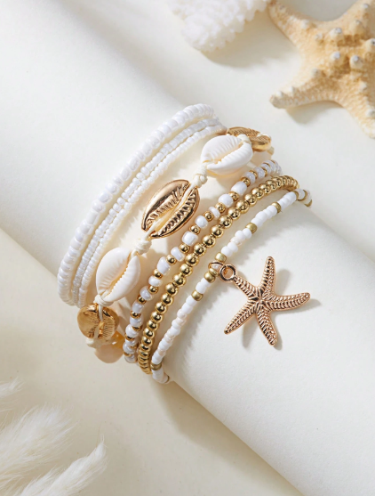Shein 7pcs Bohemian Style Beachy Sea Star, Shell And Rice Bead Elastic Anklet Set >