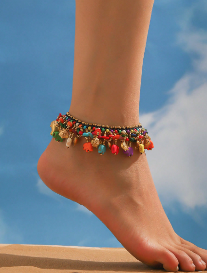 Shein 1pc Bohemian Style Turquoise Wax Rope Woven Anklet With Elephant & Starfish Charms