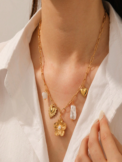 Shein 1pc Gold-Plated Floral Pendant Chunky Chain Stainless Steel Necklace >