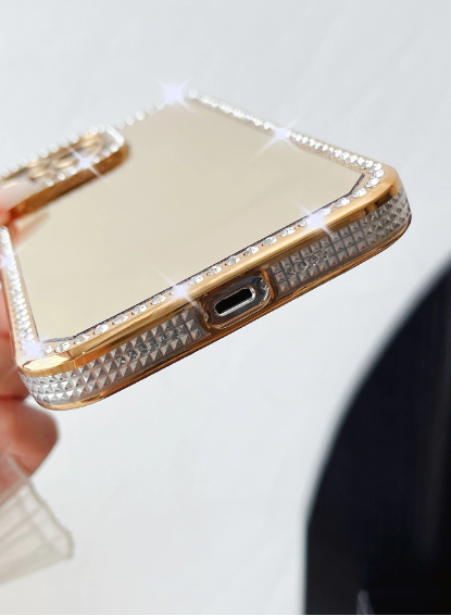 Gold Mirror Rhinestone Border Sparkly Sequin Laser Engraved Mirror Effect 1pc Phone Case>