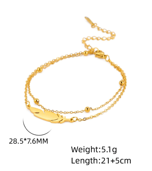 Shein 1pc Women's Stainless Steel Feather Double-layer Beaded Anklet>