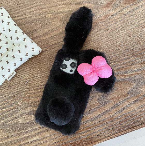 Black Pink Bowknot Plush Furry Novelty Rabbit Bow Plush Heart Phone Case>