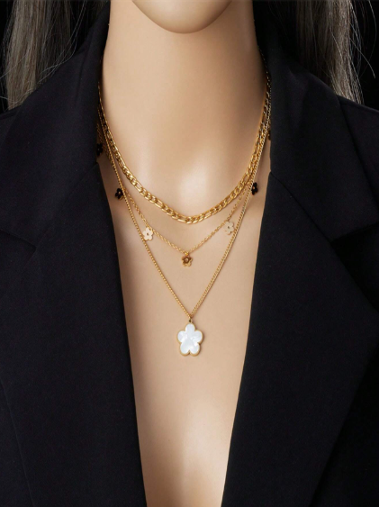 Shein 1pc Multilayered Retro Style Shiny Shell Flower Pendant Stainless Steel Chain Necklace>