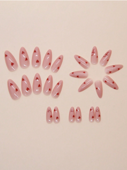 Shein 24Pcs Long Almond-Shaped Romantic Minimalist Red Heart Press-On Nails>
