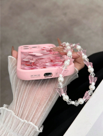 Butterfly Painted Recessed Pink Wrist Strap Shockproof Slim Fashionable Phone Case>