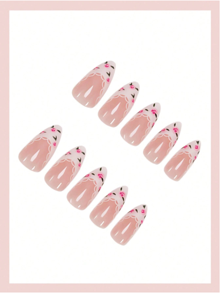 Shein 24pcs White French Pointed Tip, Floral Pattern Nails +