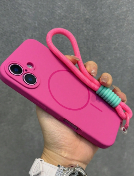 Pink Minimalist Magnetic Silicone Solid Color Matte Liquid Silicone Lanyard Style Phone Case 1pc With Short Lanyard>