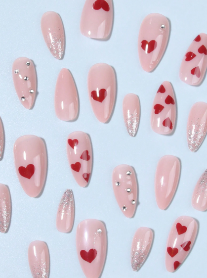 Shein Red Heart & Glitter With Rhinestones Design Full Cover False Nails Set>