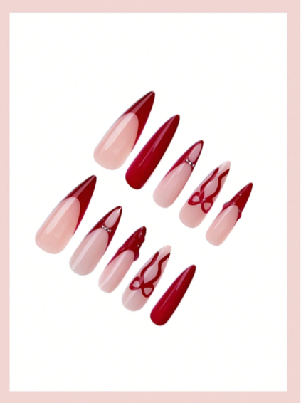 Shein Red French Tip Design With 3D Bow, Red 3D Line Art, Elegant Glossy Nail +