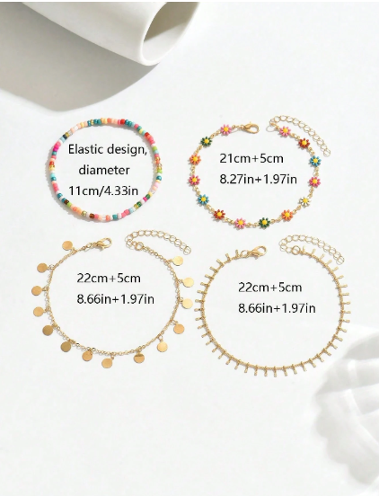 Shein 4pcs/Set Bohemian Style Anklets, Colorful Beaded Multi-Layer Anklets>