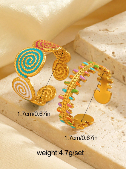 Shein 2pcs/Set Stainless Steel Colorful Oil Drop Textured Fish Bone Open Ring Set >