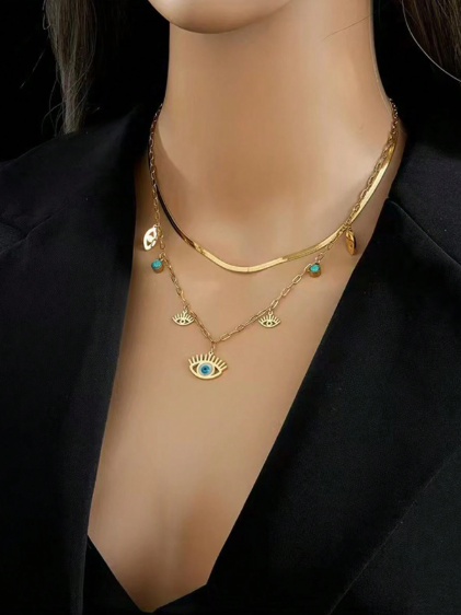 Shein 1pc Stainless Steel Bohemian Eye Pendant Double Layer Necklace >