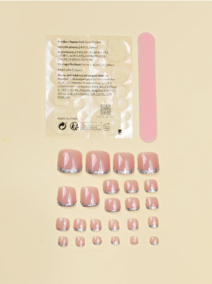 Shein 24pcs Short Square Shaped False Toenails Nude Pink French Manicure Glitter Toenails +