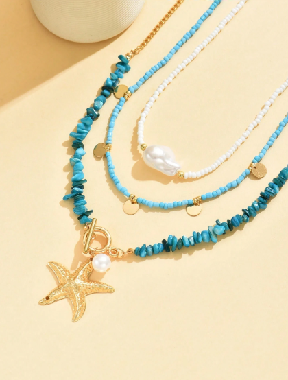 Shein 3pcs/Set Bohemian Beach Style Turquoise Starfish Pendant Layered Beaded Necklace>