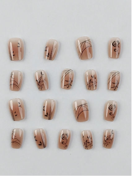 Shein 30pcs Elegant Ink Painting Style Bamboo Leaves & Rose Design False Nails>