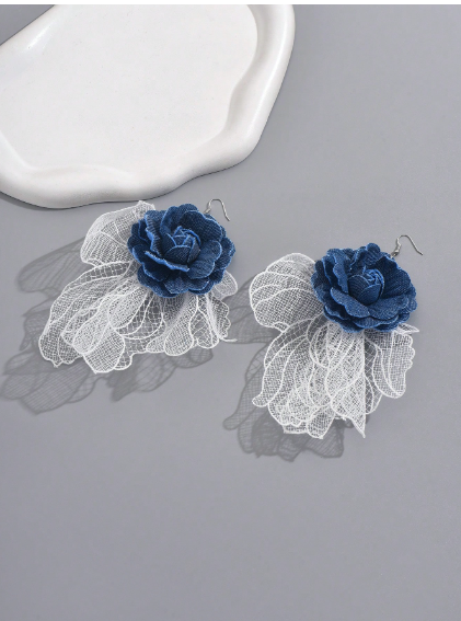 Shein 1 Pair Exaggerated Long 3D Denim Lace Flower Earrings >