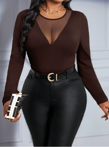 Shein Knitted Round Neck Long Sleeve Contrast Mesh Top, XXL -.