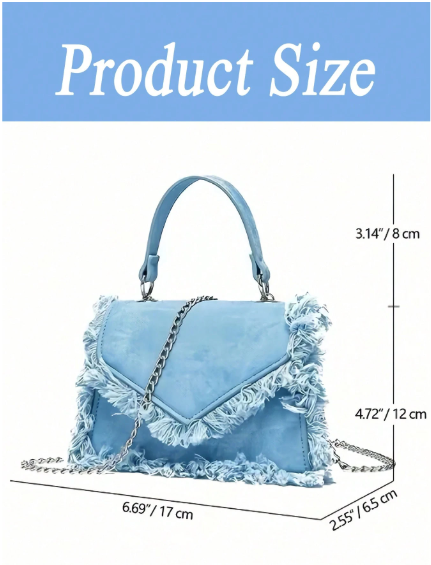 Shein Denim Effect Fringe Detail Flap Design Chain Decorated Handbag -.