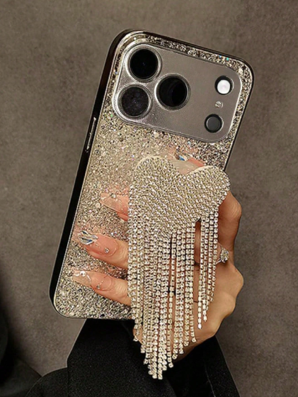 1pc Luxury Heart Design Fashion Electroplated Glitter & Rhinestone Heart Tassel Phone Case>