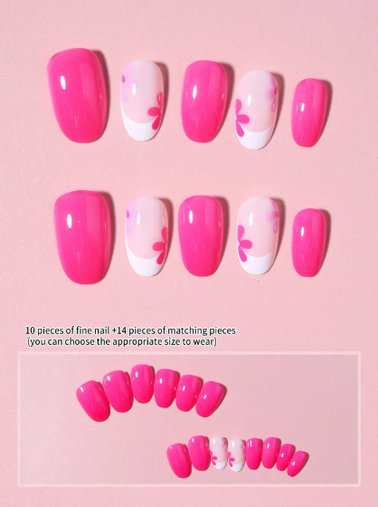 Shein 24pcs Oval French Manicure Nail Stickers, Floral Design For Perfect Fit >