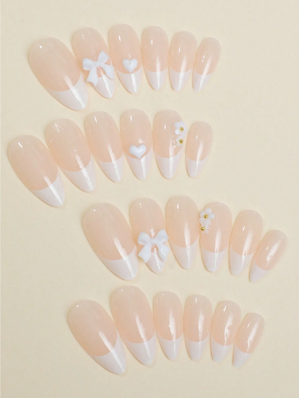 Shein 24pcs Cute White Bows With Hearts Fake Nails +