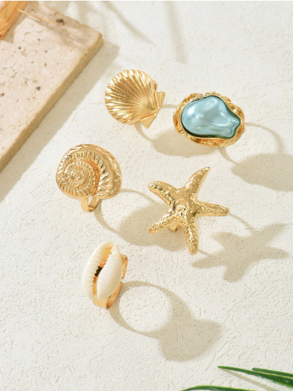 Shein 5pcs Set Fashionable & Elegant Sealife Starfish Shell Baroque Faux Pearl Rings >