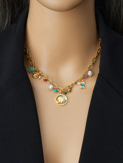 Shein 1pc Colored Oil Drip Elephant & Fish Pearl Pendant Stainless Steel Chain Necklace Jewelry>