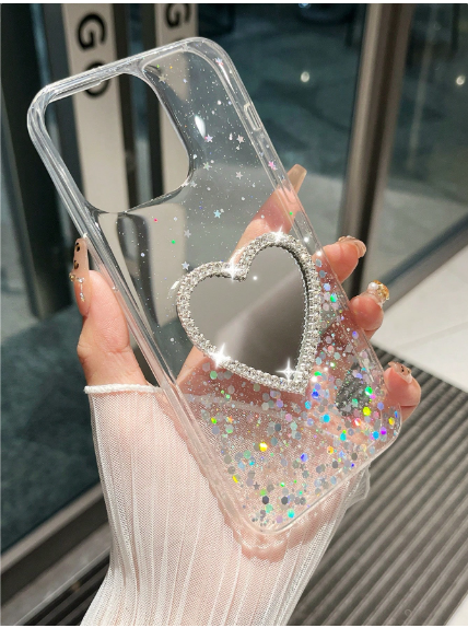 1pc Luxury Bling Rhinestone Heart Mirror Phone Case>