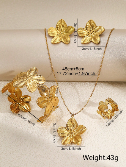 Shein 5pcs Exquisite Flower Design Stainless Steel Necklace, Earrings, Ring, Bracelet Jewelry Set>